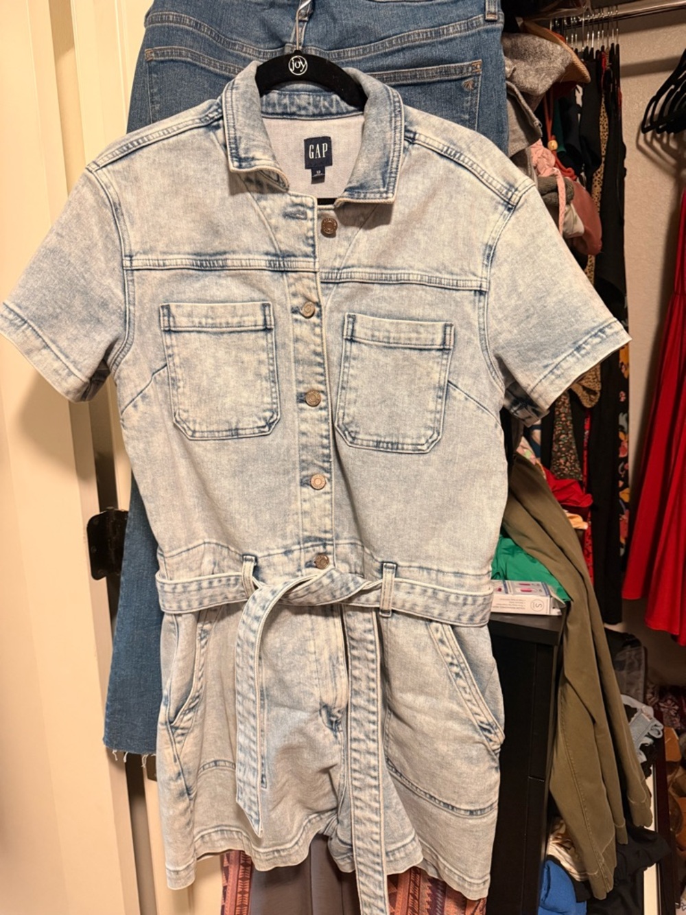 GAP Light Wash Blue Denim Romper with Tie Belt